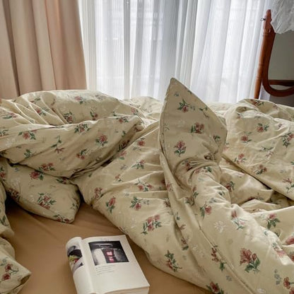 mixinni Vintage Floral Duvet Cover King Size - 3 Piece 100% Cotton Cottagecore Red Flowers & Green Leaves Bedding, Soft Botanical Comforter Cover & Pillowcases, Aesthetic Spring Bed Set for Girls