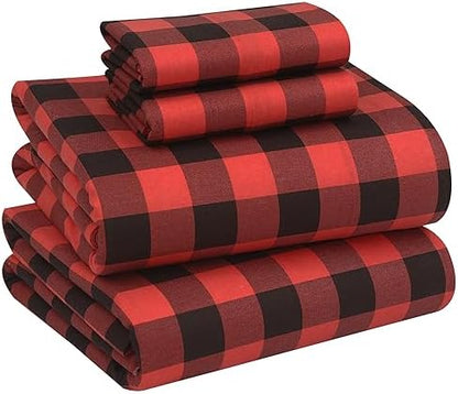 RUVANTI 100% Cotton Flannel Sheets Queen Size, Red & Black Plaid