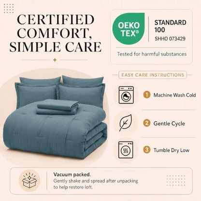 CozyLux Queen Comforter Set Mineral Blue, 7 Pieces Bed in a Bag