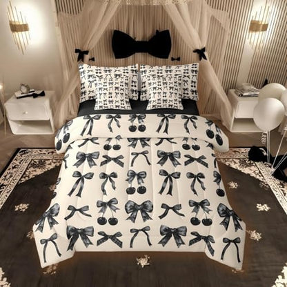 Erosebridal Black Cherry Bow King Size Comforter Set with Sheets Cute Silk Ribbon Bowknot 7 Piece Bedding Set, Princess Bow Tie Dreamy Kawaii Bed in a Bag, Princess Room Decor Aesthetic