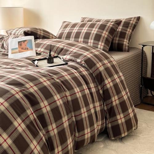Mucalis Brown Buffalo Plaid Duvet Cover Queen Size 100% Washed Cotton Green Red Plaid Duvet Cover Vintage Checkered Duvet Cover Set Retro 3 Piece Grid Bedding Set with Zipper Closure 4 Corner Ties