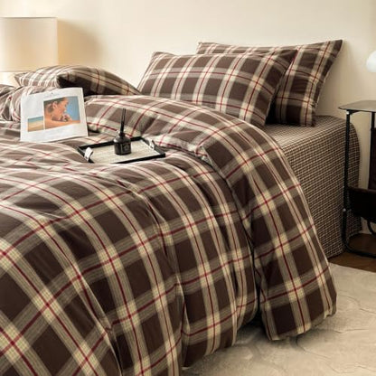 Mucalis Brown Buffalo Plaid Duvet Cover King 100% Washed Cotton Green Red Vintage Checkered Duvet Cover Set Retro 3 Piece Grid Bedding Set with Zipper Closure Corner Ties,Soft,Easy Care
