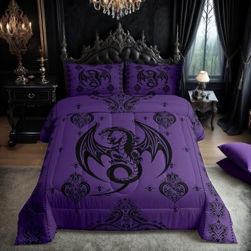 Purple Black Dragon Comforter Set Queen Size,Vintage Boho Floral Print Bedding Set 3Pcs,Paisley Pattern Quilt Set for Kids Boys Girls Adult Room Decor Exotic Trippy Duvet Insert,2 Pillowcases