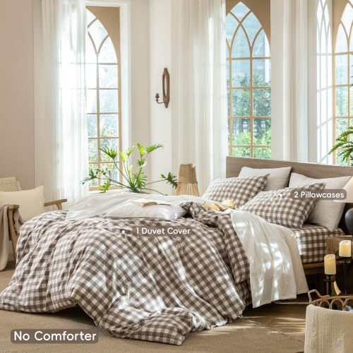 MooMee Gingham Duvet Cover Set 100% Washed Cotton Linen Like