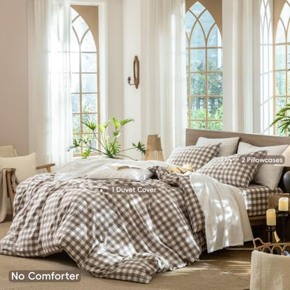 MooMee Gingham Duvet Cover Set 100% Washed Cotton Linen Like