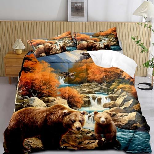 LUVIVIHOME 3PCS Bear Comforter Set Full Size, Mallard Duck Mountain Autumn Forest Woodland Animal Wildlife Country Lodge Rustic Farmhouse Cabin Bedding Sets for Kids Boys Girls, 2 Pillow Shams