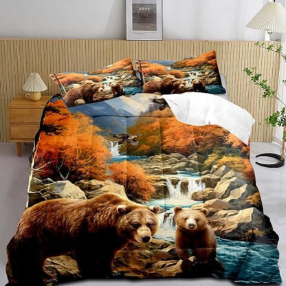 LUVIVIHOME 3PCS Bear Comforter Set Full Size, Mallard Duck Mountain Autumn Forest Woodland Animal Wildlife Country Lodge Rustic Farmhouse Cabin Bedding Sets for Kids Boys Girls, 2 Pillow Shams