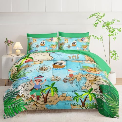 7Pcs Comforter Set Pirate Ship Printed Bedding Set with 1 Comforter, 1 Flat Sheet, 1 Fitted Sheet and 4 Pillowcases for Boys and Girls Bedroom All Season(Pirate Ship Full)