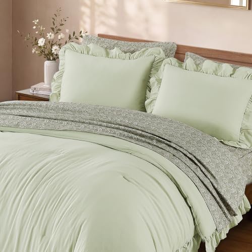 BLOOMHAVEN Full Size Comforter Sets-7 Pieces Ruffle Bedding Floral Sheet