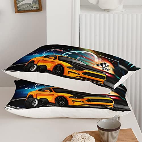 Axolotl Race Car Bedding - Full Size Boys Extreme Sports Comforter Set with 2 Pillowcases - Yellow Cool Car Quilt Set