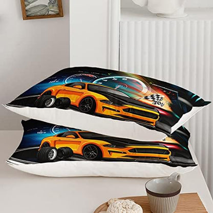 Axolotl Race Car Bedding - Full Size Boys Extreme Sports Comforter Set with 2 Pillowcases - Yellow Cool Car Quilt Set