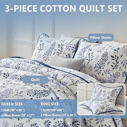 King Size Quilt Set 100% Cotton - Blue and White Floral Bedspread, 106x98