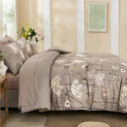 Yiran Queen Comforter Size Set, 7 Piece Brown Dandelion Floral Bed in a Bag