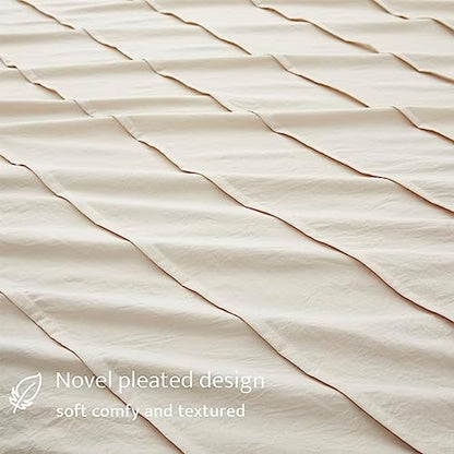 Oli Anderson 3PCS Pleated Duvet Cover Set, Light Khaki, Queen