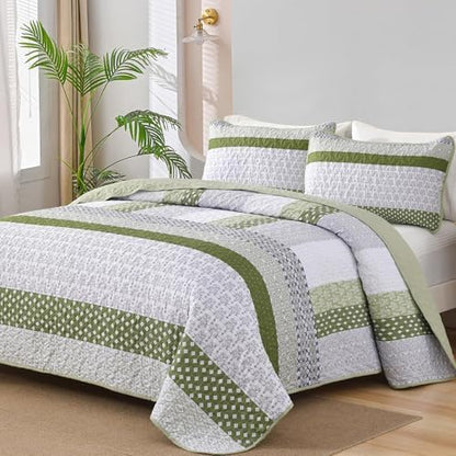 WONGS BEDDING Quilt Queen Size Olive Green, Bohemian Stripe Bedspread