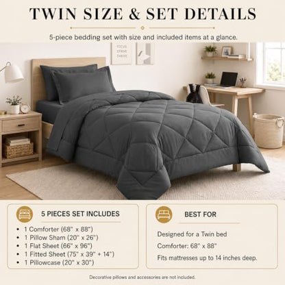 CozyLux Twin Comforter Set 68"x88" Dark Grey - 5 Piece Bed in a Bag