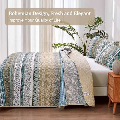 WONGS BEDDING Boho Quilt Queen Size,3 Pcs Bedspread Bedding Set, Blue Brown