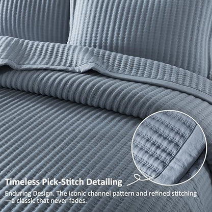 WDCOZY Dusty Blue King Size Quilt Set, Striped Pick Stitch Bedspread