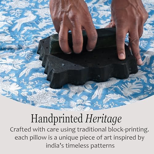 CPC Block Print Blue Sapphire Ruffle Cotton Lumbar Pillow Cover 12x20 inch
