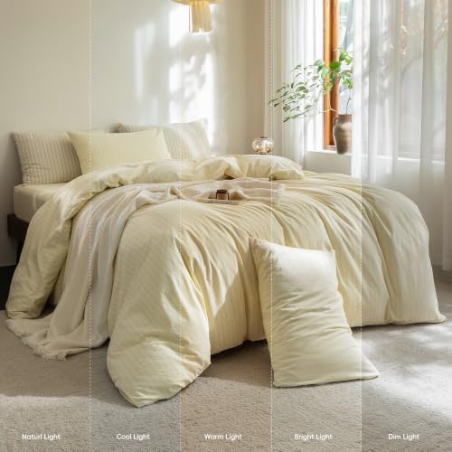 FOSSA Striped Duvet Cover Set 100% Washed Cotton Linen Feel Queen