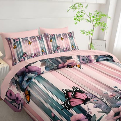 7 Piece Pink Butterfly Comforter Set Queen for Women，Butterfly Bedding Sets Queen 7 Piece，Butterfly Quilt Pattern，(1 Comforter, 1 Flat Sheet, 1 Fitted Sheet, 2 Pillowcase and 2 Pillow Sham)
