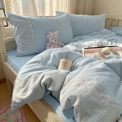 mixinni Blue Gingham Duvet Cover King Size - 3 Piece Cottagecore Plaid Bedding Set with Lace Trim, Soft Washed Microfiber Vintage Aesthetic Grid Comforter Cover & Pillow Shams, (Blue White Gingham)