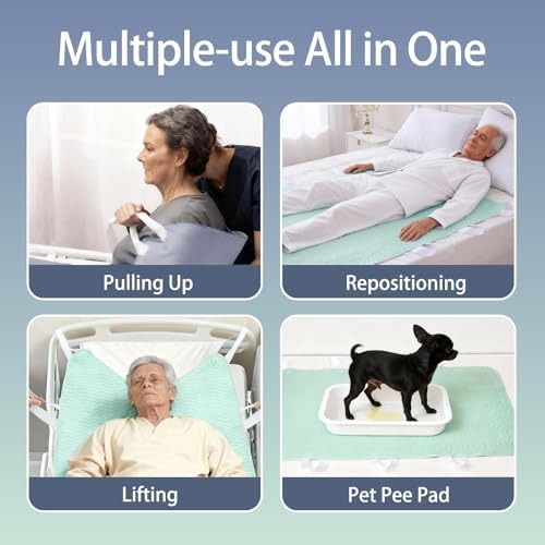 Reusable Positioning Bed Pads for Elderly Adults with 8 Handles 2 Pack 34”x52” -Absorbent Draw Sheet with Handles,Washable Waterproof Incontinence Under Pads for Transferring Moving,Pulling