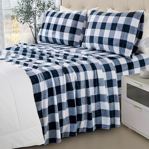 Elegant Comfort Luxuriously Soft 4-Piece Velvet Plush Flannel Sheet Set - Premium Quality -Cozy Warm, Anti-Static, Non Pilling Fuzzy Velvet Flannel Fleece Deep Pocket Sheet Set- Cal King, Buffalo Navy