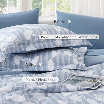 BLOOMHAVEN King Size Comforter Set-7 Pieces Blue Floral Bed in a Bag King