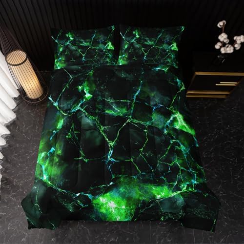 Nttopship Green Comforter Set King Size，Green Marble Bedding Set 3 Pcs Bedding for Adults, Marble Room Decor with Comforter and 2 Pillowcases Soft and Lightweight B-Side Black