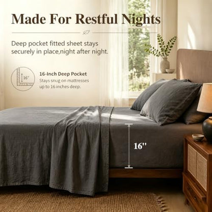 MEISHANG 100% French Linen Sheets King,4 Pcs,16" Deep Pocket
