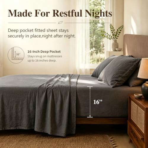 MEISHANG 100% French Linen Sheets California King,4 Pcs,16" Deep Pocket