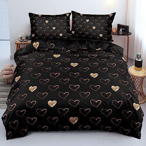 Queen Size Golden Hearts Duvet Cover with Pillowcases Gold Glitter Bed Set Black Bedding Comforter Cover for Gilrs Bedroom