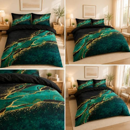 Black and Green Marble Duvet Cover Set Full Size Gold Veins Malachite Comforter Cover Bedding Set Luxry Art Decor Bedroom