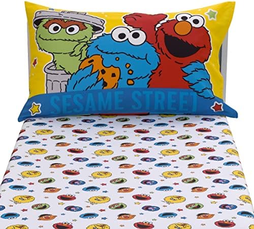NoJo Sesame Street Come and Play Blue, Green, Red and Yellow, Elmo, Big Bird, Cookie Monster, Grover and Oscar The Grouch 2 Piece Toddler Sheet Set - Fitted Bottom Sheet and Reversible Pillowcase