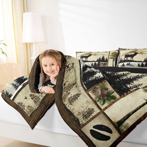 Erosebridal Deer Hunting Comforter Set Twin Size Wild Animal Deer Print Bedding for Boys Girls Western Themed Bedding Comforter Sets Grids Patchwork Decor Duvet Insert Hunting Theme Quilt 2 Pcs