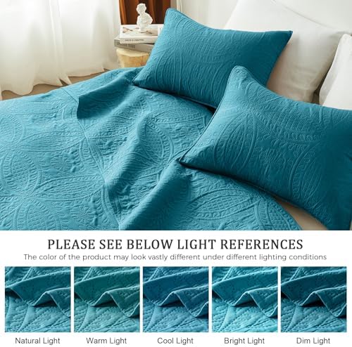 akkialla Teal Full/Queen Quilt Set, Ultrasonic Lightweight Bedspread Coverlet for Modern Minimalist Bedroom, Soft Microfiber Coin Pattern Bedding, 3-Piece (1 Quilt, 2 Pillow Shams)