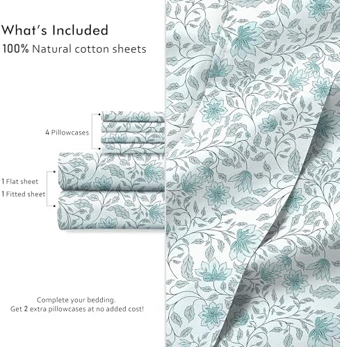 RUVANTI 100% Cotton Percale King Sheets, Crisp and Soft, Wildflower Nest