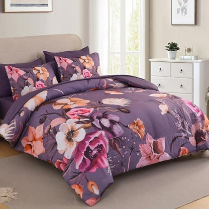 Luxudecor Floral Comforter Set Queen Size 7 Piece, Purple Flower Bed in a Bag, Elegant Floral Comforter Bed Set with Sheet Set, Soft Microfiber Bedding Set for All Season (90"x90")