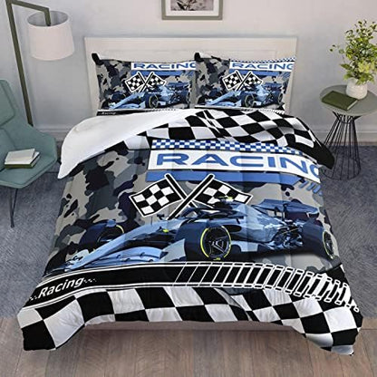 AILONEN Racing Car Comforter Set Twin Size, Racing Plaid Patterns with Cool Speed Race Car Bedding Set for Kids Boys Girls Teens Bedroom,3 Pieces,1 Quilt and 2 Pillowcases,Soft,Breathable