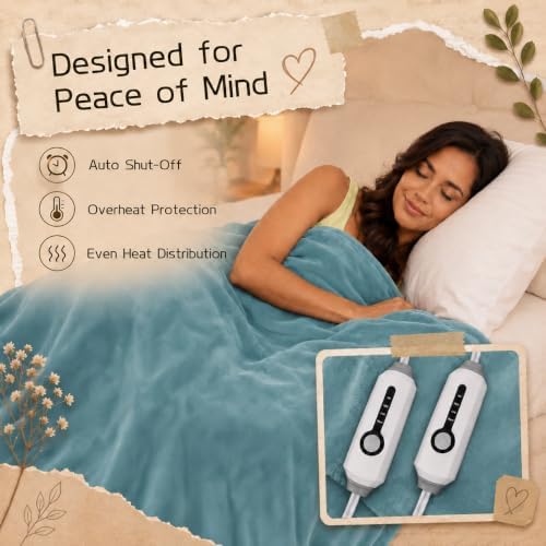 ReyyNio Electric Heated Blanket Queen Size 84"x90", Dual Controllers, Teal