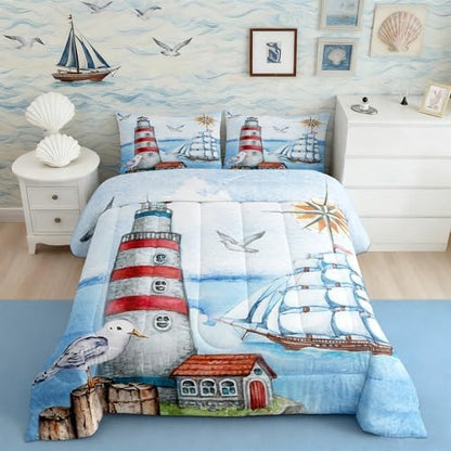 Coastal Lighthouse Comforter Set King Size,Nautical Sailboat Quilt Set Ocean Adventure Travel Bedding Set for Kids Girls Boys Teens Room Decor,Vintage Watercolor Duvet Insert,2 Pillowcases