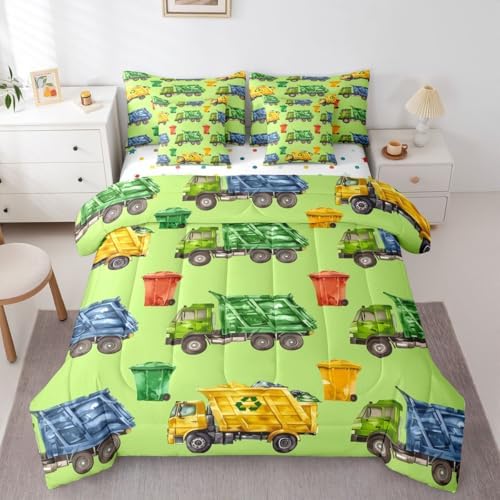 Erosebridal Boys Garbage Trucks Full Bed in A Bag, Trash Truck Comforter Set with Sheets, Cartoon Car Bed Sets for Teens Men Kids Room Decor, Colourful Trash Cans Green 7 Pieces Bedding Set