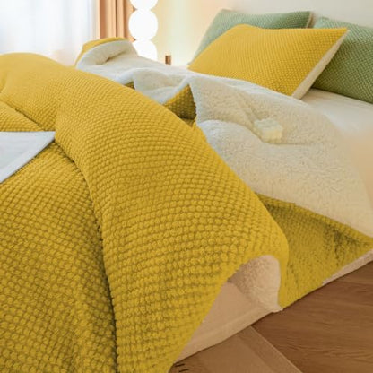 LLanCL 3D Jacquard Design Comforter Set, Ultra-Soft Warm King Size Sherpa Fur Plush 3-Pieces Sets Luxury Cozy Bedding with 2 Pillowcases (104"x90", Mustard Yellow)