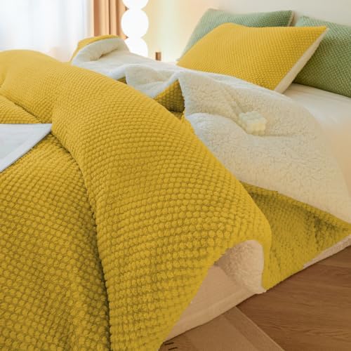 LLanCL 3D Jacquard Design Comforter Set, Ultra-Soft Warm Twin Size Sherpa Fur Plush 2-Pieces Sets Luxury Cozy Bedding with 1 Pillowcase (68"x90", Mustard Yellow)