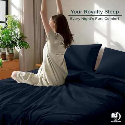 NON Sticky cotton Queen 4 Piece Sheet Set, 100% Long Staple Cotton, Soft Cooling Hotel Luxury Bedding Sheets, Deep Pocket Fits 10" to 18" Mattress, 60" x 80", Navy Blue Solid