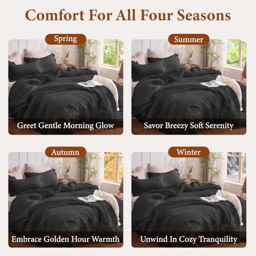 JOLLYVOGUE Black King Comforter Set, 3 Pieces Seersucker Comforters King Size, Lightweight & Fluffy Bedding Sets King for All Season with 1 Ruffle Comforter and 2 Ruffle Pillowshams