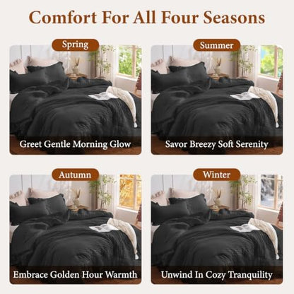 JOLLYVOGUE Black Comforter Full Size, 3 Pieces Seersucker Lightweight Full Size Bedding, All Season Fluffy Microfiber Bedding Comforter Set with 1 Ruffle Comforter and 2 Ruffle Pillowshams
