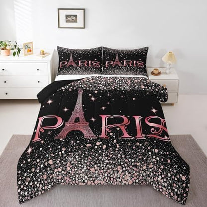 Erosebridal Eiffel Tower Comforter Set Twin Size, Paris France Duvet Sets for Kids Teens Adult Women Bedroom Decor Starry Sky Bling Bedding Set City Building Quilted Duvet with 1 Pillow Case