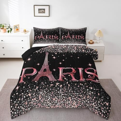 Erosebridal Eiffel Tower Comforter Set King Size, Paris France Duvet Sets for Kids Teens Adult Women Bedroom Decor Starry Sky Bling Bedding Set City Building Quilted Duvet with 2 Pillow Cases
